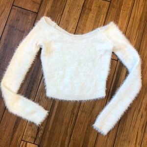 Cropped white fuzzy sweater